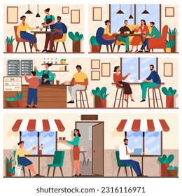 Coffee shop interior. Cafe with people sitting at tables, drinking coffee and talking to each other. Barista making coffee at the counter. Flat vector illustration