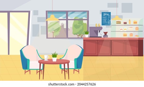Coffee shop interior concept in flat cartoon design. Barista table with coffee machine, menu, showcase with desserts, table with armchairs, door and window. Vector illustration horizontal background