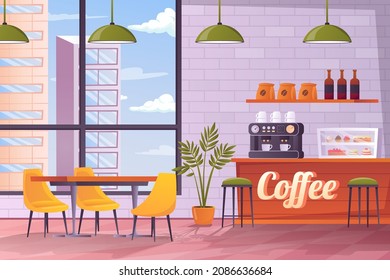 Coffee shop interior concept in flat cartoon design. Room with counter, coffee machine, shelf, showcase with desserts, table with chairs, window with skyscrapers view. Vector illustration background