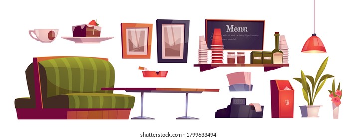 Coffee Shop Interior With Couch, Wooden Table, Cashbox And Cups On Shelf. Vector Cartoon Set Of Furniture Of Cafe With Coffee, Tea And Cake, Menu Board, Ashtray And Plants Isolated On White Background