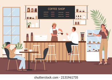 Coffee shop interior with customers sitting at table choosing desserts and barista making drink at counter flat vector illustration