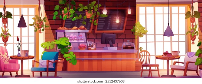 Diseño interior de cafetería. Fondo moderno del Vector del café o del bar. Cafetería de panadería con ventana, mostrador, tabla de menú y mesa en el interior. Espacio de desayuno interior vacío con delicioso pastel y capuchino