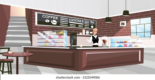 Coffee shop interior flat vector illustration. Female barista offering drinks cartoon character. Stylish interior with vintage brick wall and wooden furniture. Cafe employee standing at counter