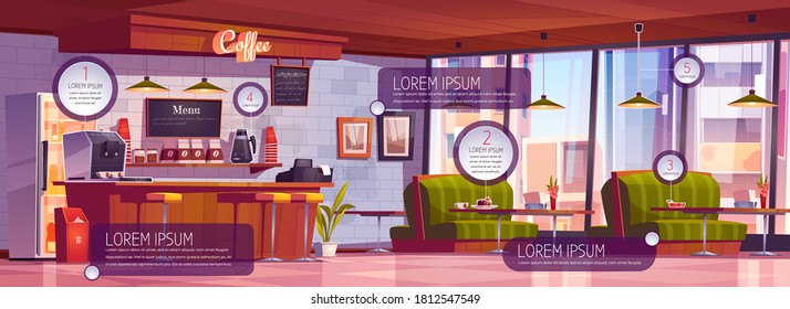 Coffee shop interior with infographic elements. Vector cartoon illustration of empty cafe with wooden counter, stools, sofas and tables. Coffee bar with icons and information banners