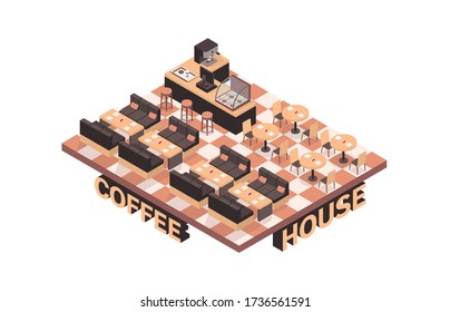 Coffee shop interior in isometric style. Bar counter with cash register, display case and coffee machine. In the hall there are tables and locations with sofas. Vector illustration.