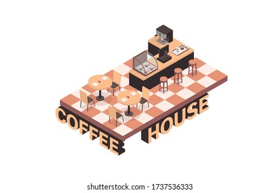 Coffee shop interior in isometric style on a white background. Bar counter with cash register, display case and coffee machine. In the hall there are tables for two people. Vector illustration.