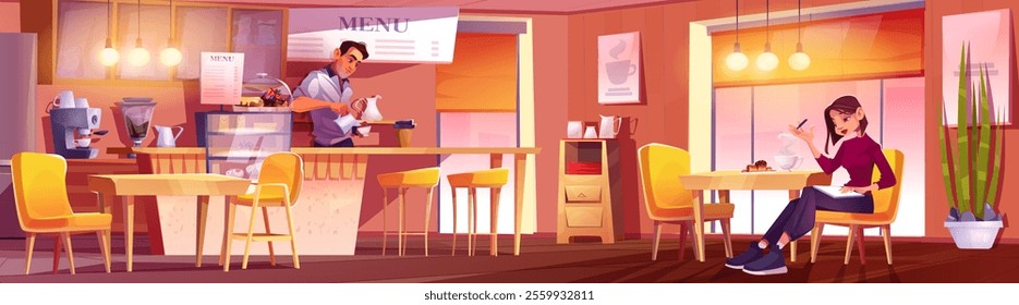 Coffee shop interior panoramic scene with barista preparing beverages at counter, female customer works at table. Modern cafe setting with wooden furniture, yellow chairs, display case, pendant lamps.