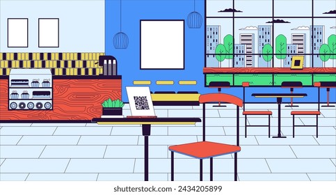 Coffee shop interior with qr code stand cartoon flat illustration. Cafe counter bakery. QR menu table 2D line interior colorful background. Furniture coffeeshop wall scene vector storytelling image