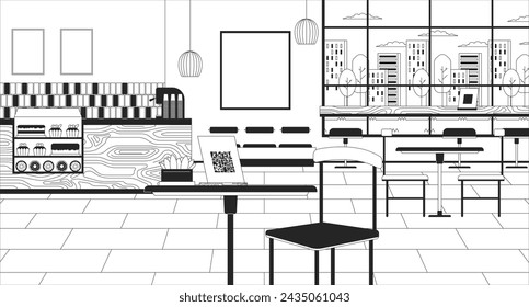 Interior de la cafetería con soporte de código qr ilustración de línea en blanco y negro. Cafetería y panadería. Tabla de menú QR 2D interior de fondo monocromo. Imagen vectorial de la escena del contorno de pared del café de los muebles