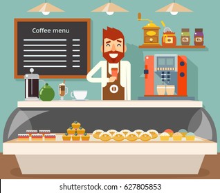 Coffee shop interior seller bakery taste sweets flat design vector illustration