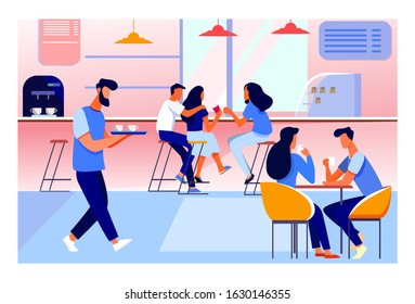 Coffee shop interior vector illustration. Young men and women drinking coffee at tables or counter. Modern cafe image for canteen or catering concept