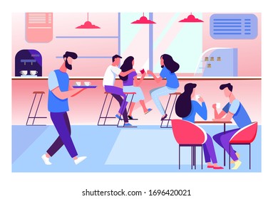 Coffee shop interior vector illustration. Young men and women drinking coffee at tables or counter. Modern cafe image for canteen or catering concept