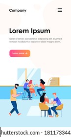 Coffee shop interior vector illustration. Young men and women drinking coffee at tables or counter. Modern cafe image for canteen or catering concept