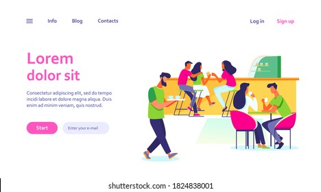 Coffee shop interior vector illustration. Young men and women drinking coffee at tables or counter. Modern cafe image for canteen or catering concept