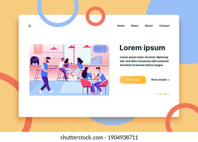 Coffee shop interior vector illustration. Young men and women drinking coffee at tables or counter. Modern cafe image for canteen or catering concept