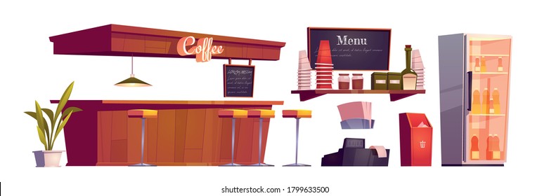 Coffee shop interior with wooden counter, stools and bottles in fridge. Vector cartoon set of furniture of cafe with coffee, tea and drinks, shelf with cups and menu board isolated on white background