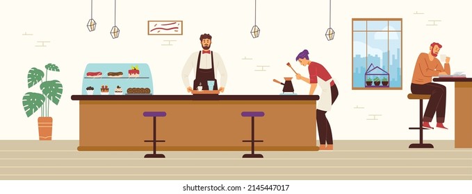 Coffee shop interior with working barista and client drinking coffee, flat vector illustration. Cozy cafeteria or coffee shop atmosphere with customers and employees.