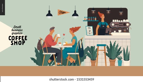 Coffee shop interior-small business illustrations -visitors -modern flat vector concept illustration of a young couple, cafe visitors and barista at the bar counter, lamps above. surrounded by plants