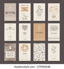 Coffee shop invitations, cafe business cards, menu pages, banners, flyers. Artistic templates collection with hand drawn design elements: hot drink, cold tea, barista, donut, beverages pattern.