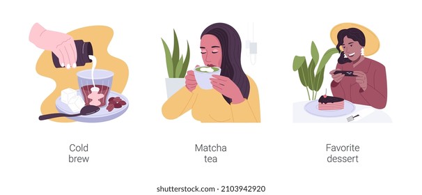 In a coffee shop isolated cartoon vector illustration set. Barista making cold brew coffee, young girl drinking matcha tea in the cafe, taking pictures of dessert with smartphone vector cartoon.