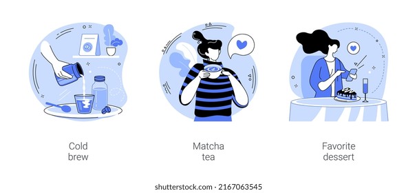 In a coffee shop isolated cartoon vector illustrations set. Barista making cold brew coffee, young girl drinking matcha tea in the cafe, taking pictures of dessert with smartphone vector cartoon.