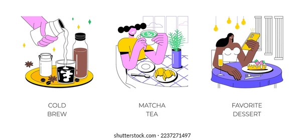 In a coffee shop isolated cartoon vector illustrations set. Barista making cold brew coffee, young girl drinking matcha tea in the cafe, taking pictures of dessert with smartphone vector cartoon.