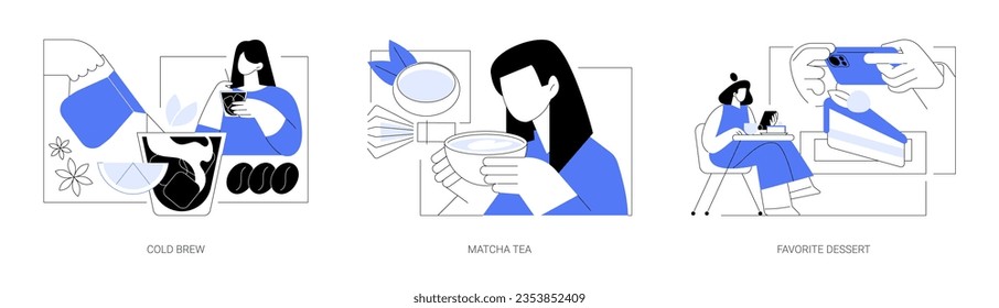 En una cafetería aislada ilustraciones vectoriales de dibujos animados conjunto. Barista haciendo café frío, muchacha bebiendo té matcha en el café, tomando fotos de postre con dibujos de vector de smartphone.