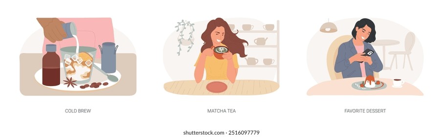 Em uma cafeteria isolado desenhos animados vetor ilustrações conjunto. Barista fazendo café frio, menina bebendo chá matcha no café, tirando fotos de sobremesa com smartphone vetor cartoon.