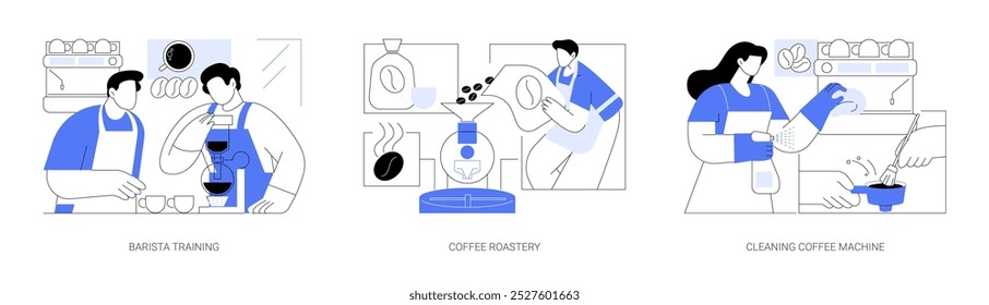 Coffee shop isolated cartoon vector illustrations set. Experienced barista training a new worker, small roastery, specialty coffee beans, professional machine cleaning, espresso bar vector cartoon.