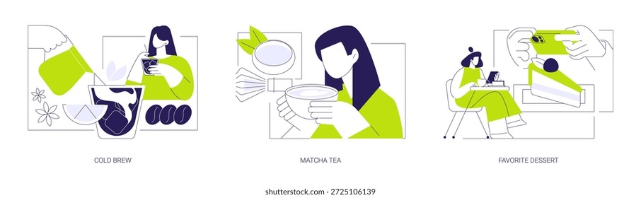 In einem Coffeeshop einzelne Cartoon-Vektorgrafiken gesetzt. Barista macht kalten Brühkaffee, junges Mädchen trinken Matcha-Tee im Café, Aufnahmen von Dessert mit Smartphone Vektor Cartoon.