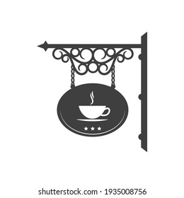 Coffee shop isolated vintage street signboard with antique forged ornaments. Vector cafeteria or cafe sign board, ornamental metal brackets and chains. Coffee restaurant or cafe antique signage