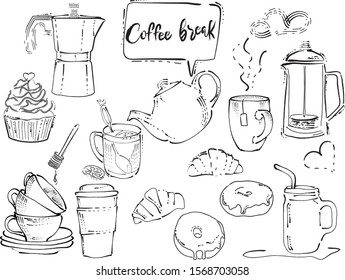 Coffee shop item set : freehand   vector illustrations of coffee, tea and sweets