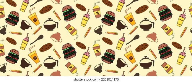 Coffee shop items seamless vector pattern. Coffee shop items including burger, cup, pencil, cookie, butterscotch, spoon, juice, coffee and many more. It is suitable for fabric, apron, textile and more