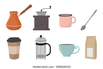 Ilustración vectorial de artículos de cafetería en estilo plano. Varios iconos relacionados con el café.