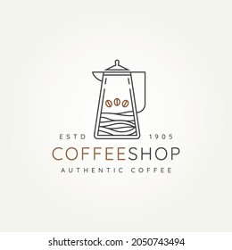 coffee shop with kettle and bean minimalist line art logo icon vector illustration design. simple modern teacup, hot coffee drink, vintage kettle logo concept