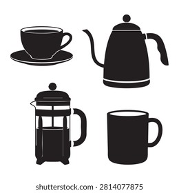 Coffee shop and kitchen equipment set featuring vector silhouettes of french press kettle teapot ceramic cup with saucer and classic coffee mug. Perfect icons for cafe and restaurant branding menu design web graphics and beverage industry visual assets isolated on plain white backdrop.