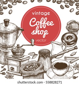 Coffee shop. Kitchen utensils for preparing a beverage, sweets, spices, additives. Designed for restaurants and cafes, menus, advertising posters, brochure cover. Vector illustration art set.