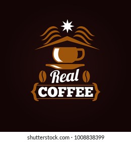 Coffee shop label or banner design isolated on black background. Vector illustration