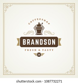 Coffee shop label design template vector illustration. Grinder silhouette, good for cafeteria signage and cafe badge. Retro typography emblem.