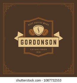 Coffee shop label design template vector illustration. Bean silhouette, good for cafeteria signage and cafe badge. Retro typography emblem.