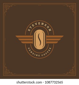 Coffee shop label design template vector illustration. Bean silhouette, good for cafeteria signage and cafe badge. Retro typography emblem.