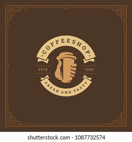 Coffee shop label design template vector illustration. Cup silhouette, good for cafeteria signage and cafe badge. Retro typography emblem.