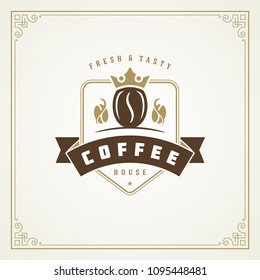 Coffee shop label design template vector illustration. Bean silhouette, good for cafeteria signage and cafe badge. Retro typography emblem.