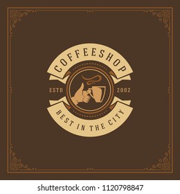 Coffee shop label design template vector illustration. Hand holding cup silhouette, good for cafeteria signage and cafe badge. Retro typography emblem.