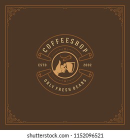 Coffee shop label design template vector illustration. Hand holding cup silhouette, good for cafeteria signage and cafe badge. Retro typography emblem.