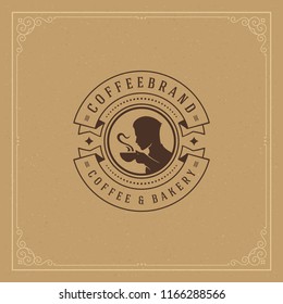 Coffee shop label design template vector illustration. Man holding cup silhouette, good for cafeteria signage and cafe badge. Retro typography emblem.
