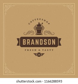 Coffee shop label design template vector illustration. Grinder silhouette, good for cafeteria signage and cafe badge. Retro typography emblem.