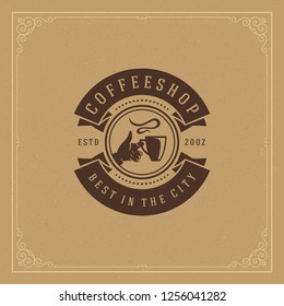 Coffee shop label design template vector illustration. Hand holding cup silhouette, good for cafeteria signage and cafe badge. Retro typography emblem.