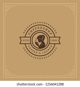 Coffee shop label design template vector illustration. Woman holding cup silhouette, good for cafeteria signage and cafe badge. Retro typography emblem.