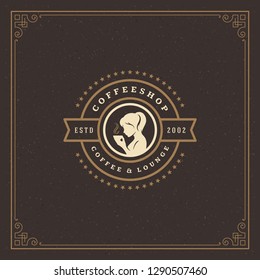 Coffee shop label design template vector illustration. Woman holding cup silhouette, good for cafeteria signage and cafe badge. Retro typography emblem.
